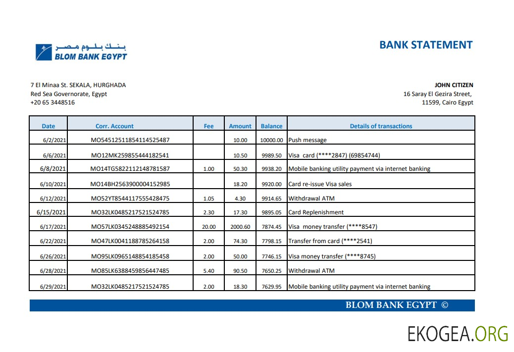 Egypte Relevé bancaire de la Blom Bank of Egypt, modèle facile à remplir au format Excel et PDF